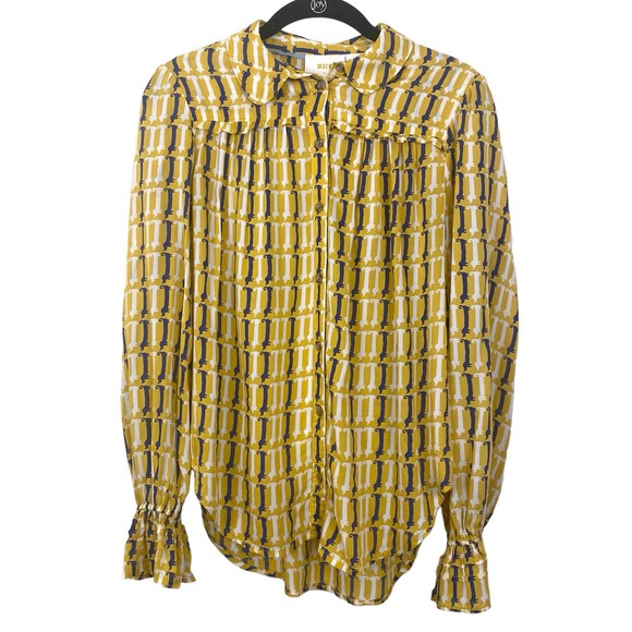 Maeve By Anthropologie Dog Print Yellow Satin Bell Sleeve Button Up long Sleeve - Picture 1 of 12